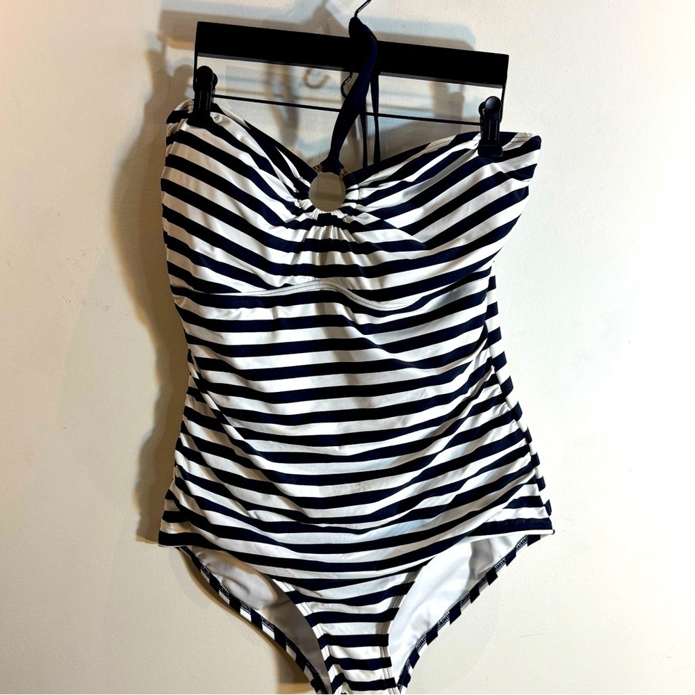 MICHAEL MICHAEL KORS Sz 14 One Piece Bathingsuit Stripes Halter Neck NEW W/ TAGS
